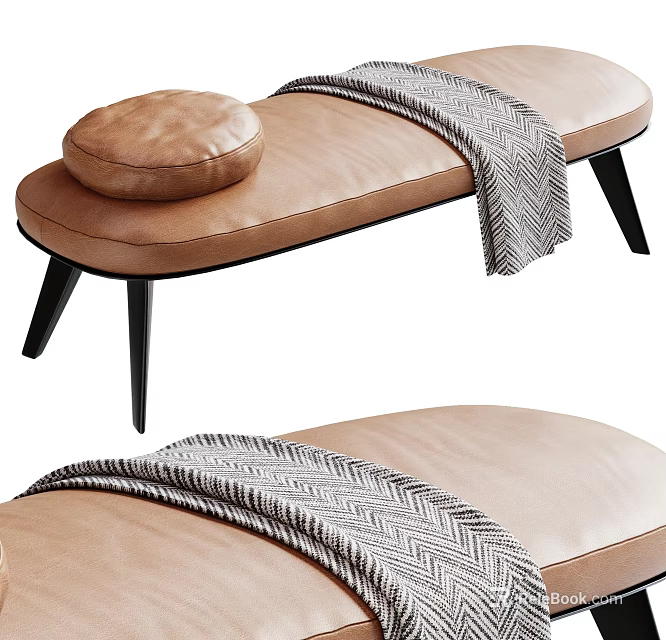 Brown Leather Ottoman With Round Cushion And Herringbone Blanket On Black Legs 3d model 