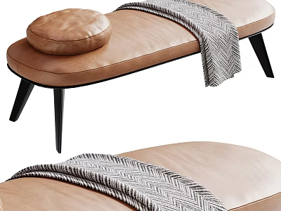 Brown Leather Ottoman With Round Cushion And Herringbone Blanket On Black Legs 3d model