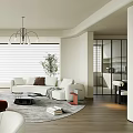 Modern Living Dining Room Interior With White Sofa Red Armchair Round Rug And Chandelier