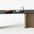 Modern Dining Table With Black Marble Top And Brass Metal Legs And Decorative Bowls