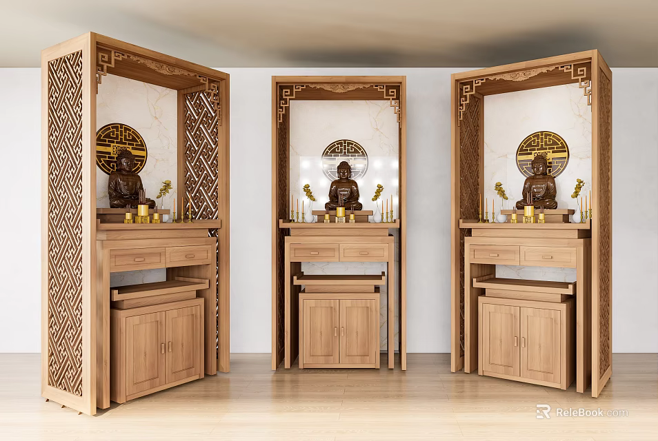 Three Wooden Buddhist Shrine Cabinets With Carved Design Buddha Statues And Golden Decorations 3d model 