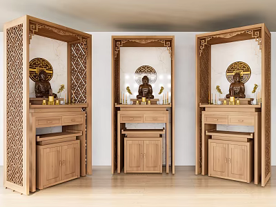Three Wooden Buddhist Shrine Cabinets With Carved Design Buddha Statues And Golden Decorations 3d model