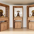 Three Wooden Buddhist Shrine Cabinets With Carved Design Buddha Statues And Golden Decorations
