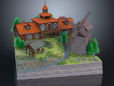 Cartoon Scene with red roofed houses windmill small pavilion green trees and grassland 3d model