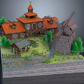 Cartoon Scene with red roofed houses windmill small pavilion green trees and grassland