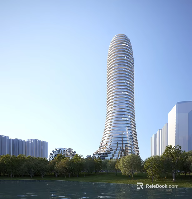 Modern High Rise Residential Building With Curved Glass Facade And Urban Greenery 3d model 