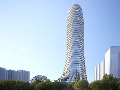Modern High Rise Residential Building With Curved Glass Facade And Urban Greenery 3d model