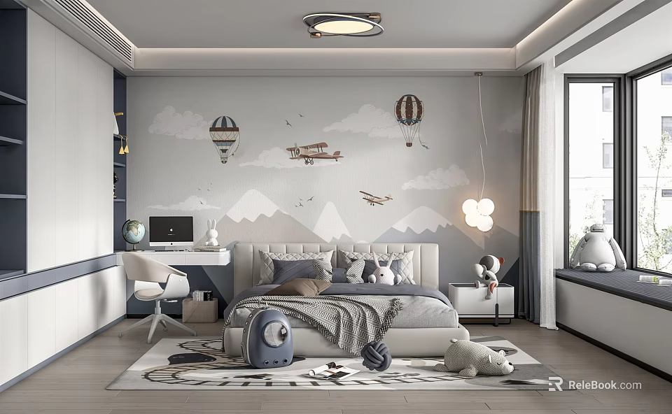 Modern Kids Room Interior With Bed Wall Mural Hot Air Balloons Airplanes And Desk 3d model 