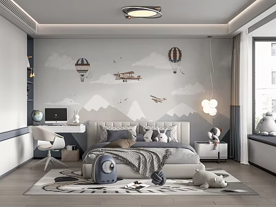 Modern Kids Room Interior With Bed Wall Mural Hot Air Balloons Airplanes And Desk 3d model