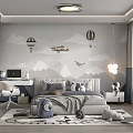 Modern Kids Room Interior With Bed Wall Mural Hot Air Balloons Airplanes And Desk