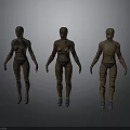 Three Humanoid Creature Characters Standing Side By Side With Textured Suits And Blue Gloves 3d model