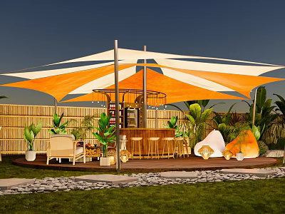 Orange And White Canopy Tent With Outdoor Bar Counter Plants And Chairs On Wooden Deck 3d model