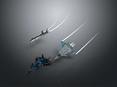 Three Fighter Jets With Different Designs Flying On Dark Background With White Trails 3d model