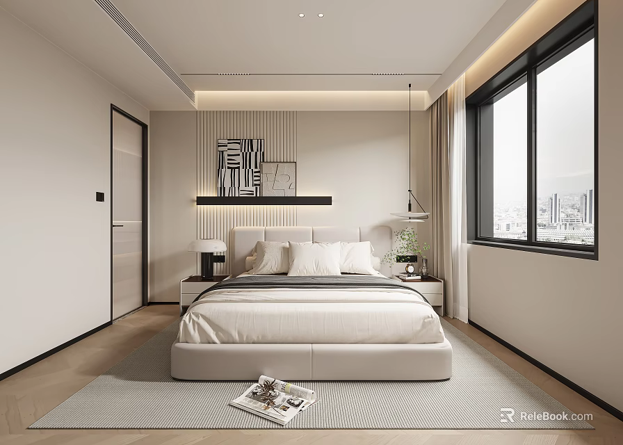 Modern Minimalist Bedroom Interior With Large Bed Window Wall Art Nightstand And Rug 3d model 