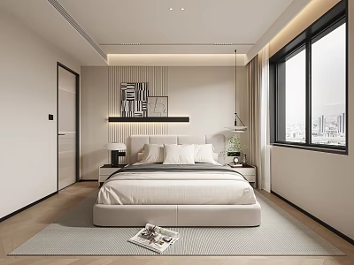 Modern Minimalist Bedroom Interior With Large Bed Window Wall Art Nightstand And Rug 3d model