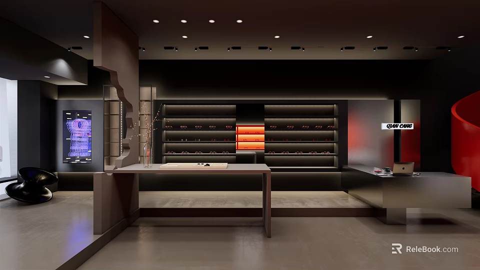 Modern Specialty Store Interior With Display Shelves Central Table And Lighting 3d model 