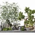 Traditional Courtyard Garden with Bamboo Pine Trees Rock Formations Stone Lanterns Stone Table and Stools