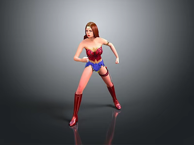 Woman in Red Blue Superhero Costume with Gold Accessories and Red Boots Action Pose 3d model