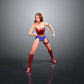 Woman in Red Blue Superhero Costume with Gold Accessories and Red Boots Action Pose