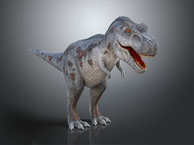 Realistic Tyrannosaurus Rex Dinosaur Model With Open Mouth And Spotted Skin Standing In Gray Background 3d model