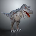 Realistic Tyrannosaurus Rex Dinosaur Model With Open Mouth And Spotted Skin Standing In Gray Background