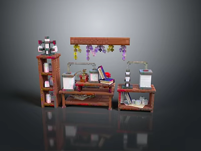 Laboratory Workbench Setup with Wooden Shelves Purple Hanging Items and Scientific Equipment 3d model