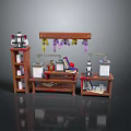 Laboratory Workbench Setup with Wooden Shelves Purple Hanging Items and Scientific Equipment