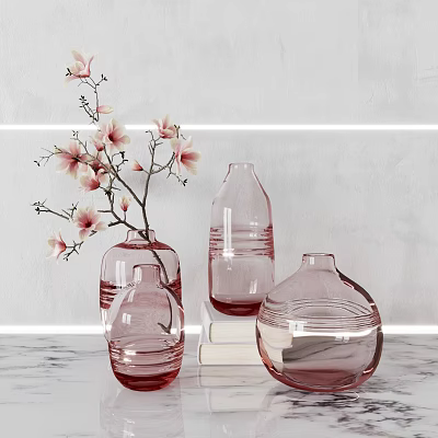 Rounded And Cylindrical Pink Glass Vases With Blossom Branches On Marble Table 3d model