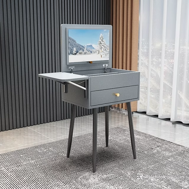 Gray Dressing Table With Mirror Drawer And Three Legs In Modern Interior 3d model