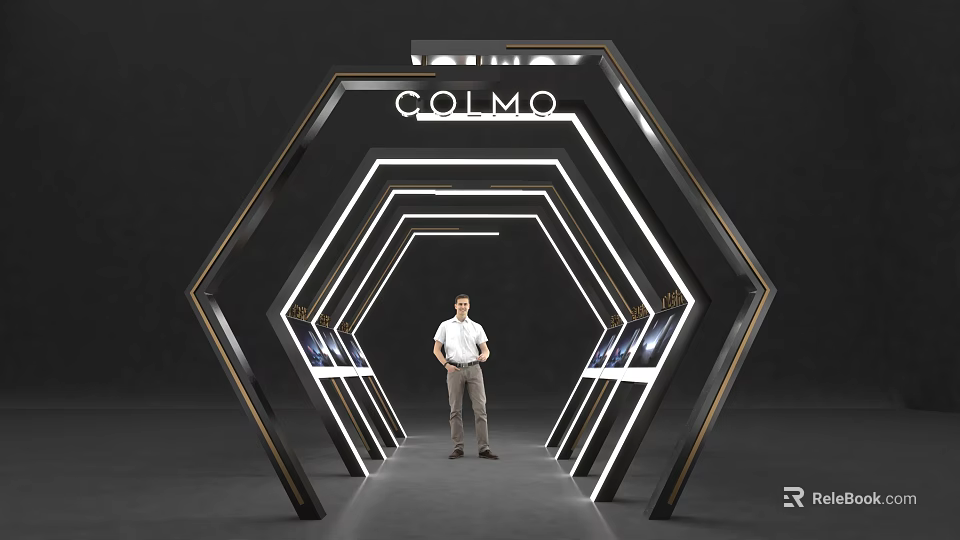 COLMO Hexagonal Event Entrance With Illuminated Design Central Person And Display Screens 3d model 