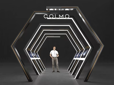 COLMO Hexagonal Event Entrance With Illuminated Design Central Person And Display Screens 3d model