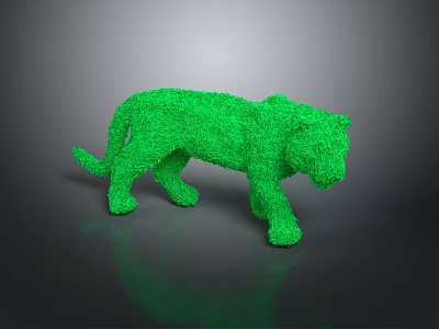 Green Tiger Sculpture With Textured Grass Like Surface On Shiny Black Base 3d model
