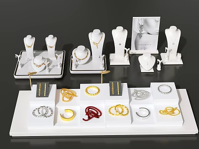 Elegant Jewelry Display With Gold Silver Red Rings Bracelets On White Trays 3d model