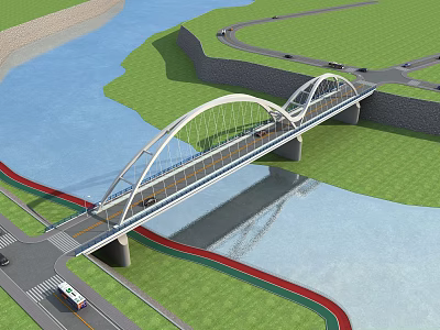 Modern Arched Bridge Spanning River With Roads Vehicles And Green Grasslands 3d model