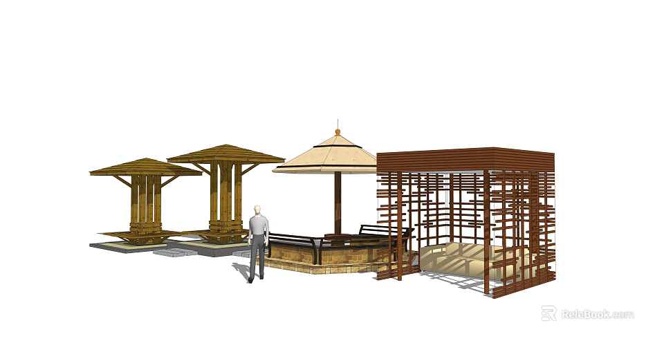 Outdoor Garden Relaxation Space With Wooden Pavilions Parasol And Lattice Structures 3d model 