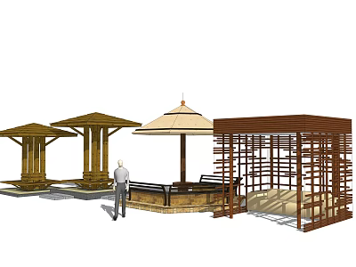 Outdoor Garden Relaxation Space With Wooden Pavilions Parasol And Lattice Structures 3d model