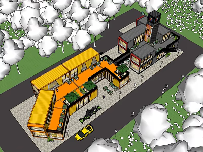 Modern Commercial Street Design With Greenery Outdoor Seating And Shops 3d model