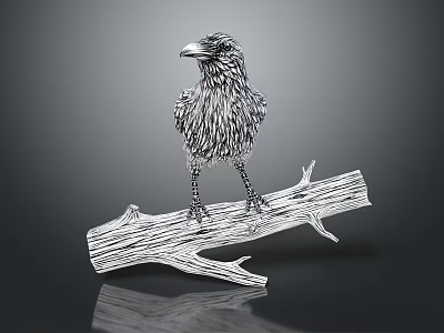 Metallic Raven Sculpture Standing On Tree Branch Gray Background With Reflection 3d model