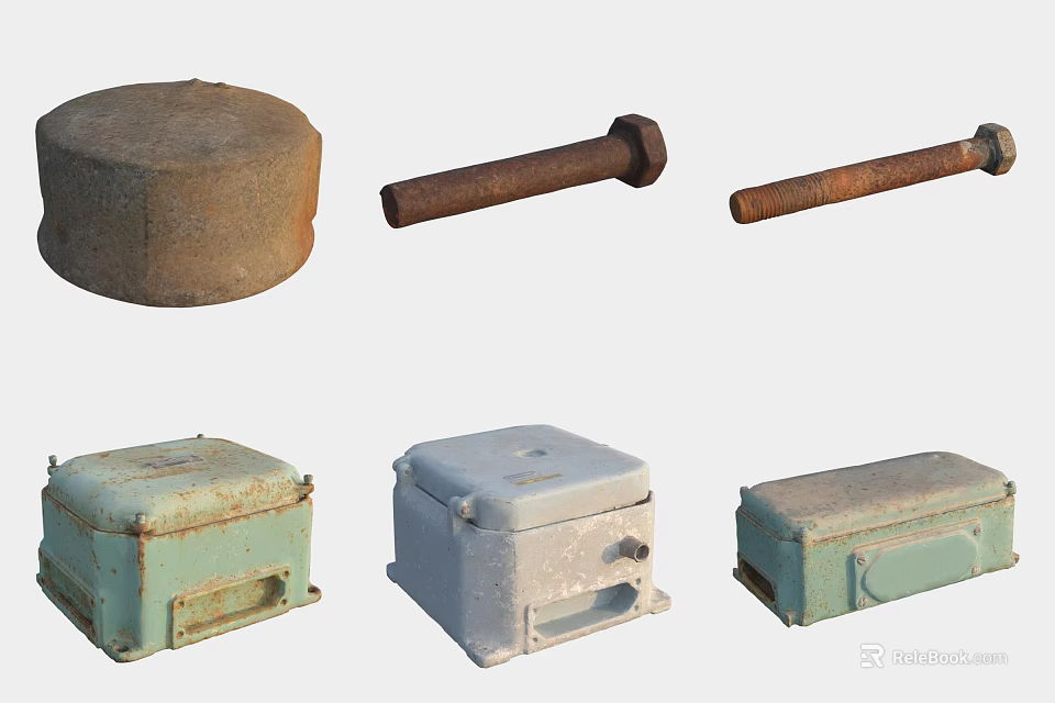 Practical Hardware Tools Including Circular Anvil Bolt Long Metal Tool And Metal Boxes 3d model