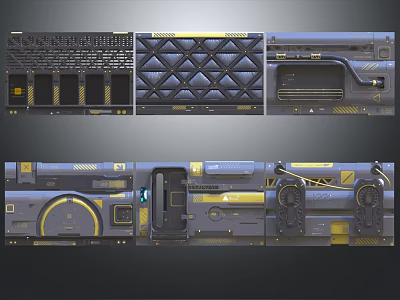 Tech Inspired Decorative Panels With Geometric Patterns Metallic Textures And Yellow Accents 3d model