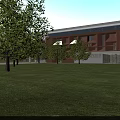 Modern School Building Red Brick Exterior With Large Windows Connecting Walkway Front Plaza Campus Setting