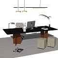 Modern Office Desk with Gray Top Brown Legs Chair Mac Lamp Plant and Beige Stools