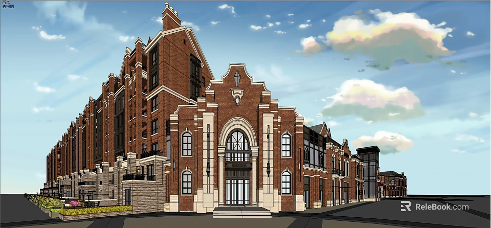 Classical Red Brick Building With Arched Doorway Symmetrical Design And Decorative Details 3d model 