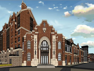 Classical Red Brick Building With Arched Doorway Symmetrical Design And Decorative Details 3d model