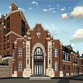 Classical Red Brick Building With Arched Doorway Symmetrical Design And Decorative Details