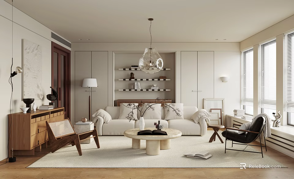 Modern Living Room Interior With White Sofa Pendant Light Bookshelf Coffee Table And Wooden Floors 3d model 