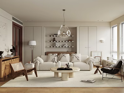Modern Living Room Interior With White Sofa Pendant Light Bookshelf Coffee Table And Wooden Floors 3d model