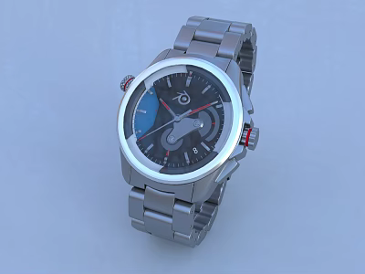 Sleek Modern Stainless Steel Watch With Black Dial And Red Accent Details 3d model
