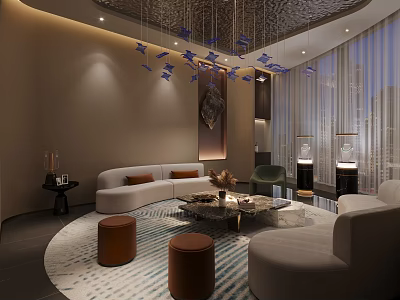 Modern Hotel Public Lounge Area With Comfortable Sofas Round Carpet And Pendant Lights 3d model