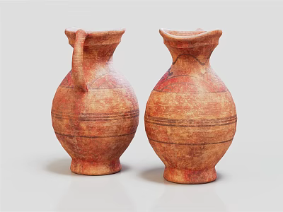 Two Ancient Terracotta Vases With Handle And Decorative Stripes On White 3d model